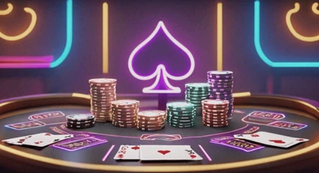 Meja judi casino dengan kartu, chip, dan roda roulette